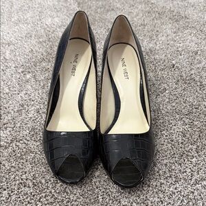Nine West Black Croc-Embossed Peep Toe Heels